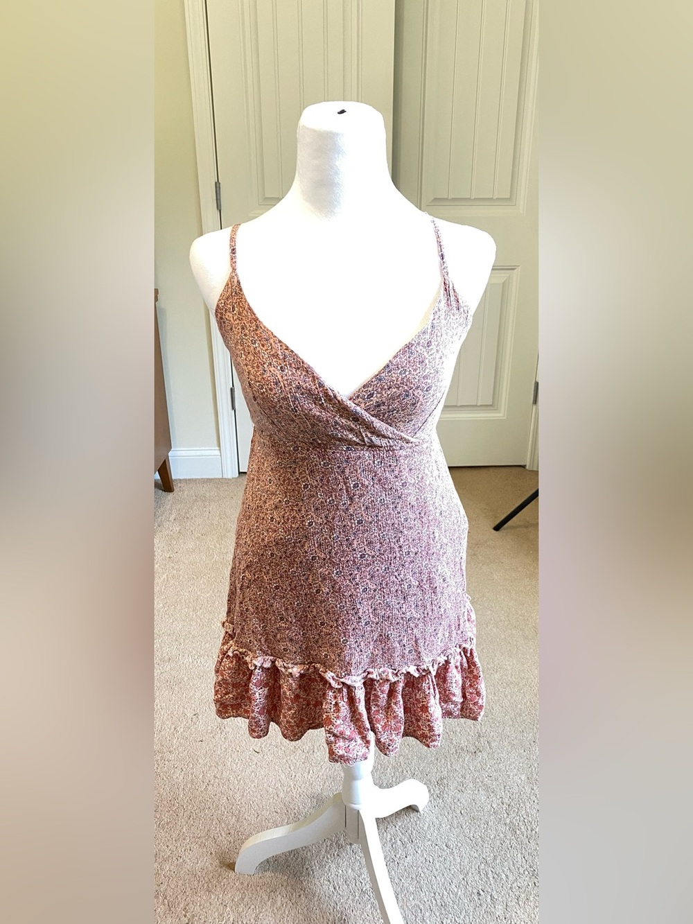 Boho Faux-Wrap Ruffle Mini Dusty Pink Ditsy Floral Print Womens Dress Size XS
